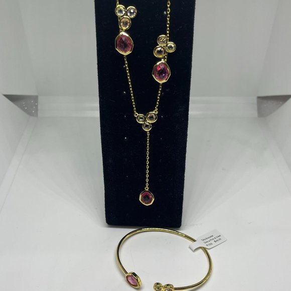 Real Simple Style Talia Necklace Bracelet & Earrings Gold w/Pink & Clear 3 items - Picture 5 of 12